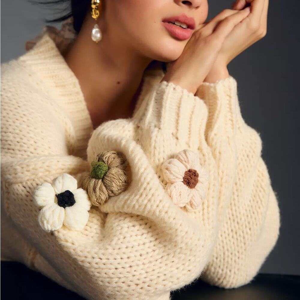 Anna & Ava 3D Flower Cardigan Sweater Chunky Knit Oversized Boho - Picture 13 of 14